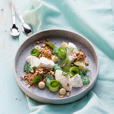 Ricotta mit weißer Schokolade, Gurkentapioka und Haferkrokant