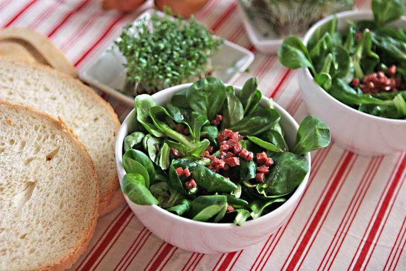 Feldsalat mit Speckwürfeln