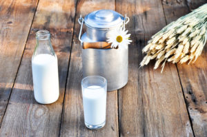 Milchkanne, Glas Milch und Milch in Glasflasche